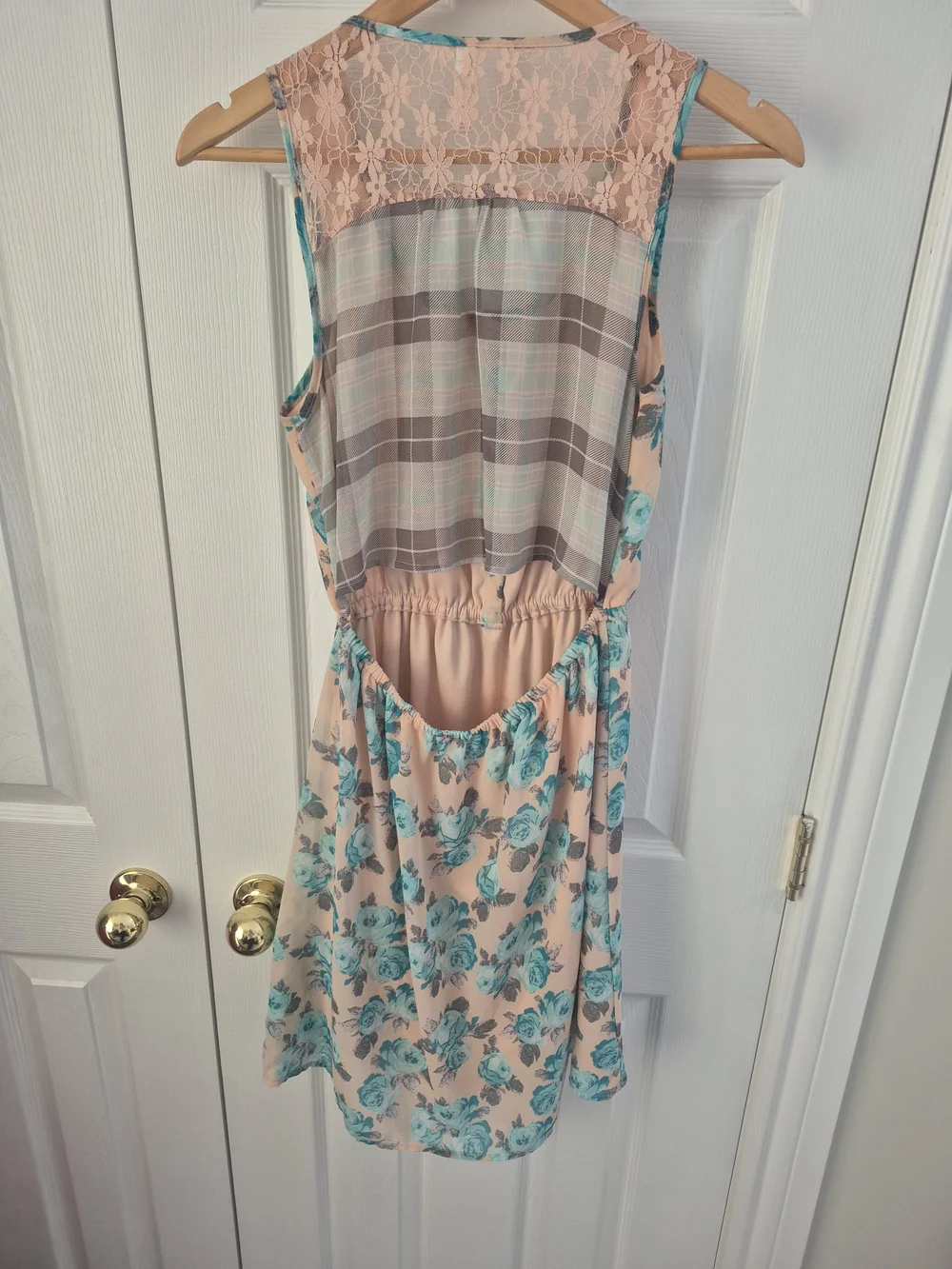 Xhilaration Floral Dress Medium Peach Teal Sleeveless Fit Flare Lace Back - Picture 4 of 6